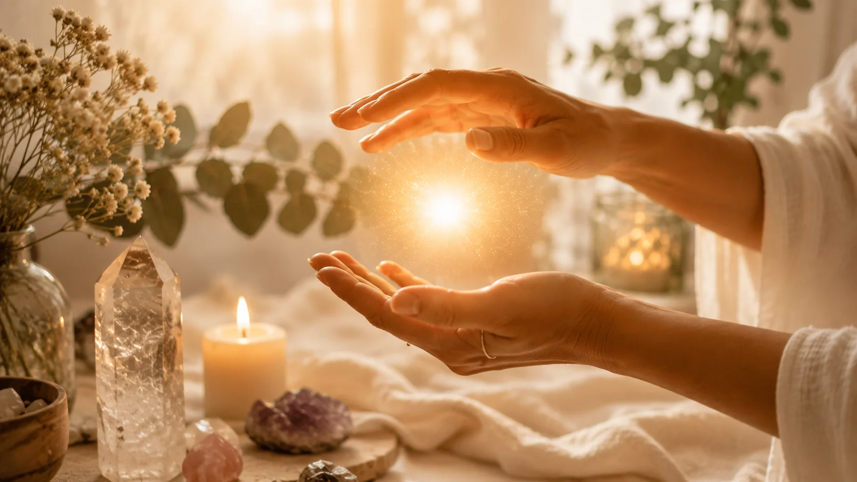 Mains lumineuses symbolisant une séance de magnétisme et de soin énergétique avec Alya Reliance.