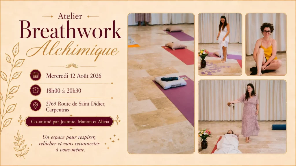 Atelier Breathwork Alchimique à Carpentras le 12 août 2026, co-animé par Joannie, Manon et Alicia