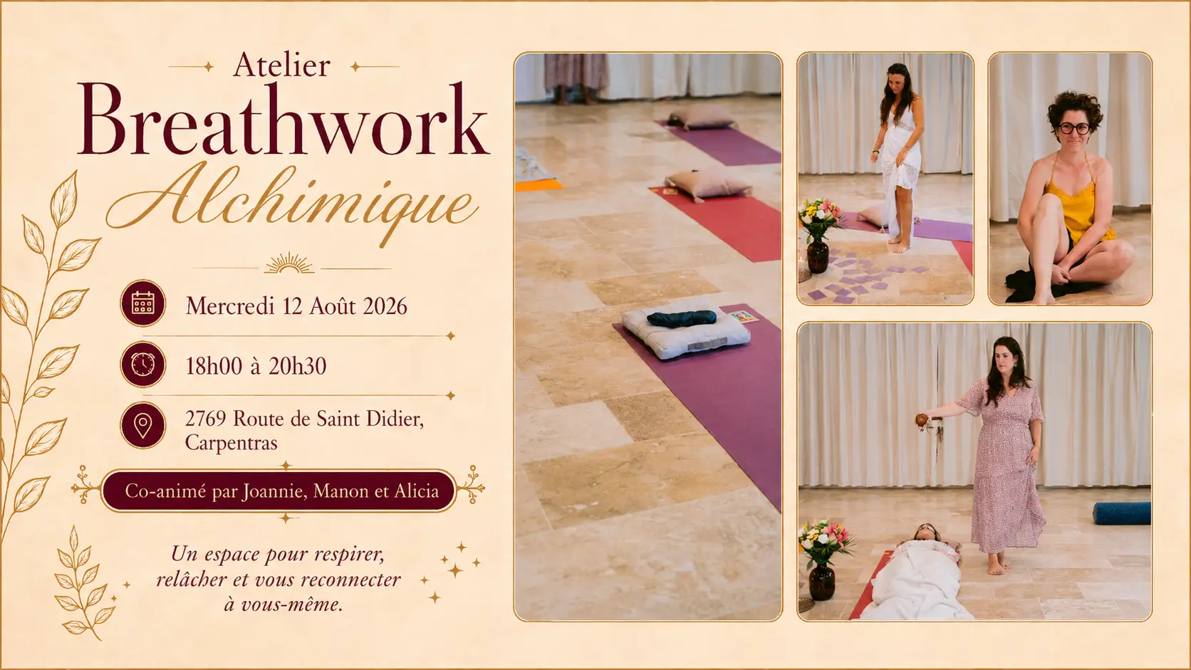 Atelier Breathwork Alchimique à Carpentras le 12 août 2026, co-animé par Joannie, Manon et Alicia