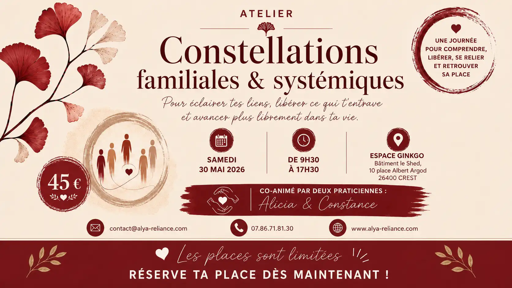 Atelier Constellations Familiales et Systémiques à Crest le 30 mai 2026, co-animé par Alicia et Constance