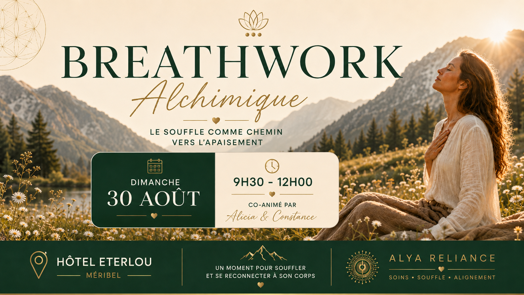 Atelier Breathwork Alchimique à Méribel le dimanche 30 août 2026, co-animé par Alicia et Constance, à l'Hôtel Eterlou