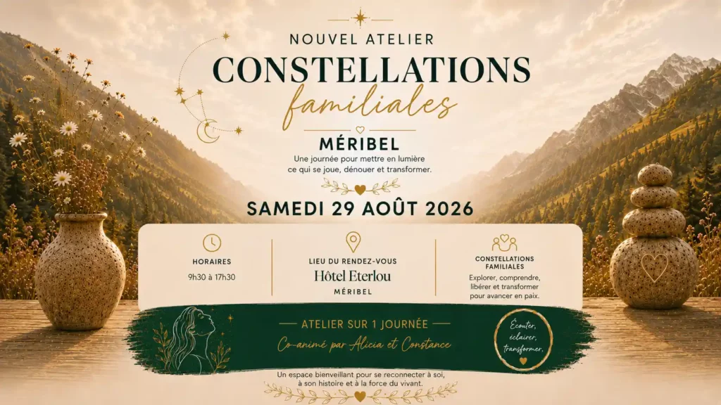 Atelier Constellations Familiales à Méribel le samedi 29 août 2026, co-animé par Alicia et Constance, à l'Hôtel Eterlou